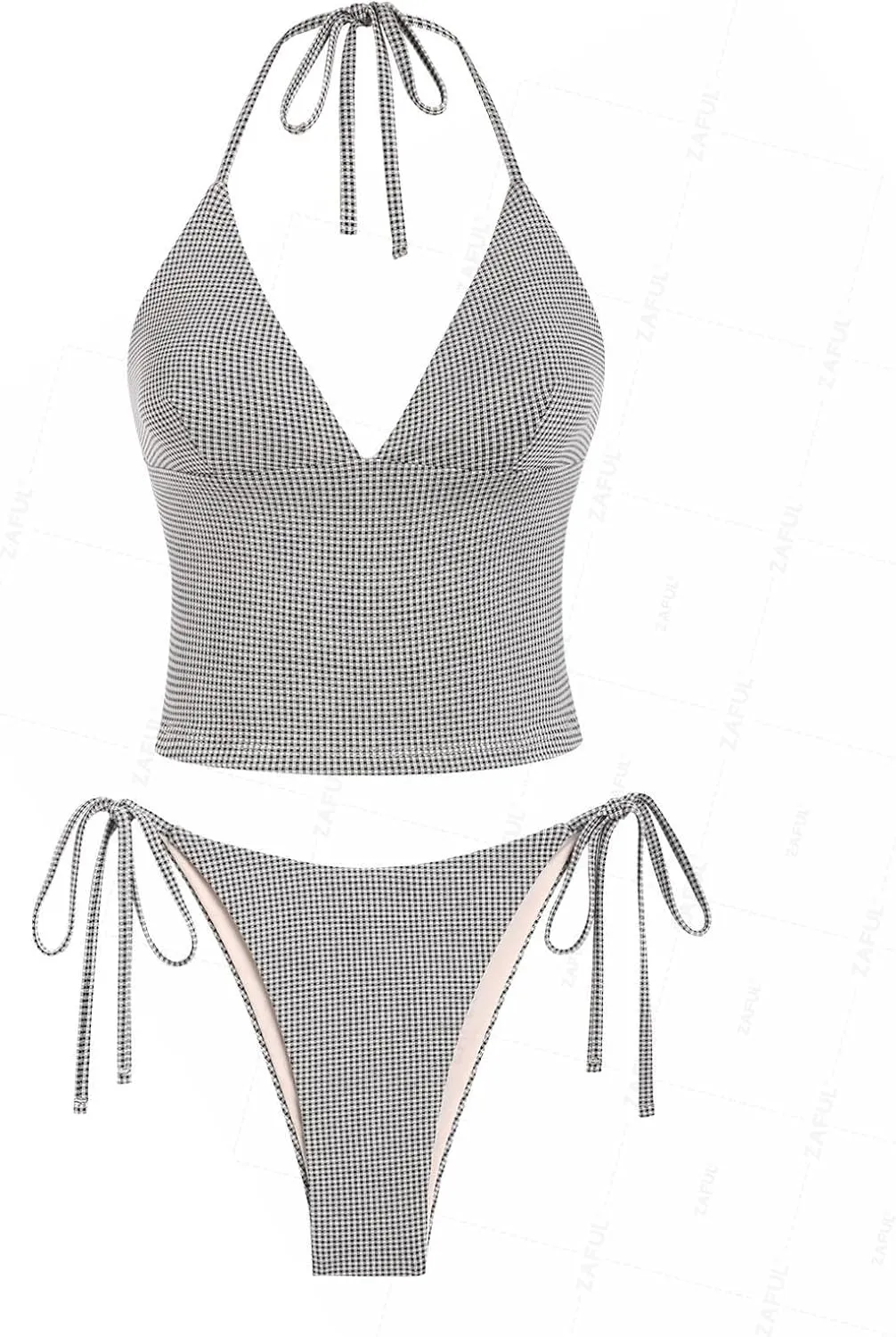 seamoly Red Gingham Floral Printed Halter Tie Side Chic Tankini Set