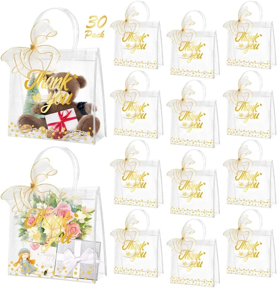 SHAIDOJIO 30 Pcs Clear Gift Bags with Handle, PVC Thank You Bag, Plastic Party Favor Goodie Bags Bulk with Ribbon, 7.8x7.8x3.1in Reusable Shopping Tote Bags for Wedding Birthday Baby Shower Bridal