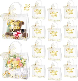 SHAIDOJIO 30 Pcs Clear Gift Bags with Handle, PVC Thank You Bag, Plastic Party Favor Goodie Bags Bulk with Ribbon, 7.8x7.8x3.1in Reusable Shopping Tote Bags for Wedding Birthday Baby Shower Bridal