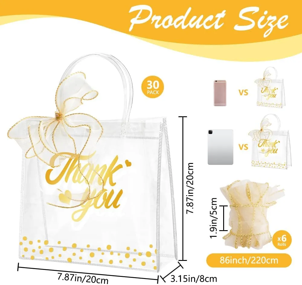 SHAIDOJIO 30 Pcs Clear Gift Bags with Handle, PVC Thank You Bag, Plastic Party Favor Goodie Bags Bulk with Ribbon, 7.8x7.8x3.1in Reusable Shopping Tote Bags for Wedding Birthday Baby Shower Bridal