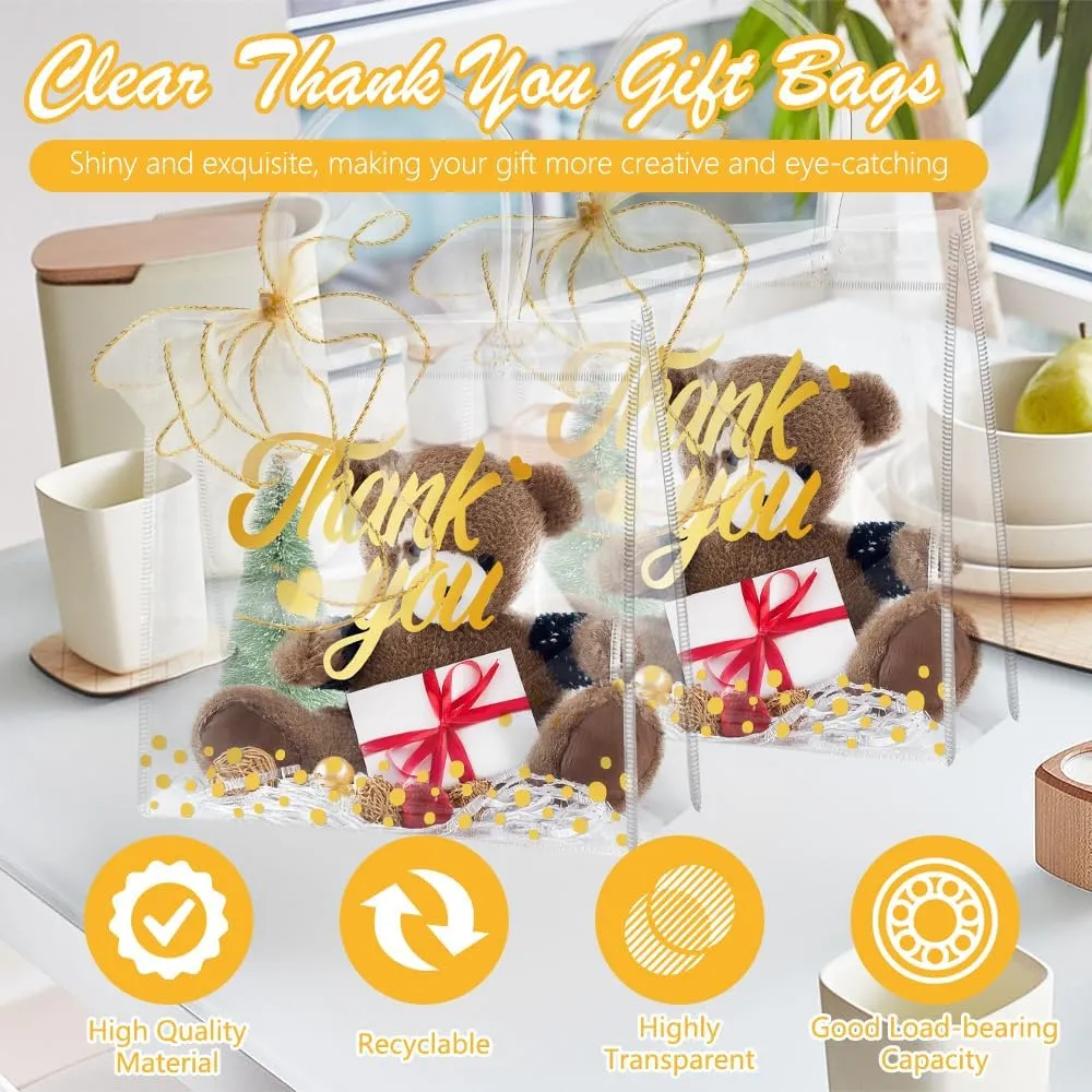 SHAIDOJIO 30 Pcs Clear Gift Bags with Handle, PVC Thank You Bag, Plastic Party Favor Goodie Bags Bulk with Ribbon, 7.8x7.8x3.1in Reusable Shopping Tote Bags for Wedding Birthday Baby Shower Bridal