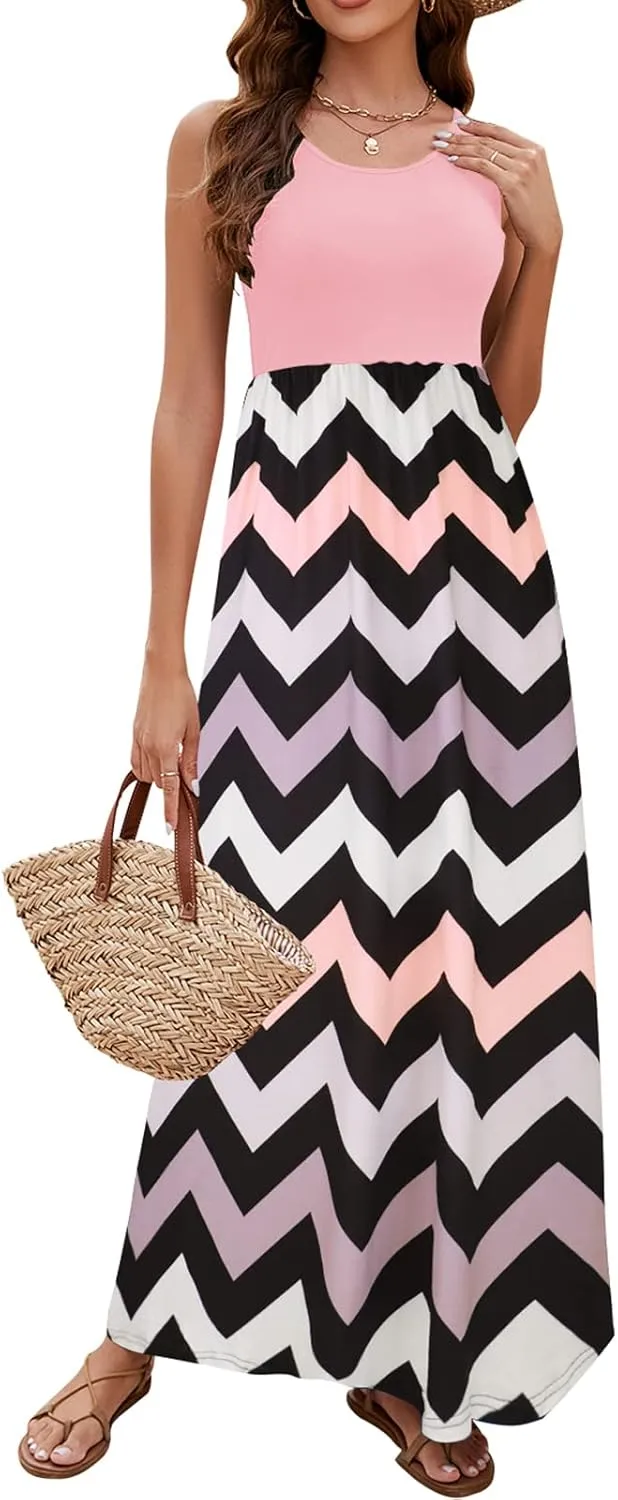 Sherosa Women Boho Chevron Striped Floral Printed Summer Sleeveless Tank Long Maxi Party Dress