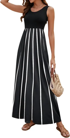 Sherosa Women Boho Chevron Striped Floral Printed Summer Sleeveless Tank Long Maxi Party Dress