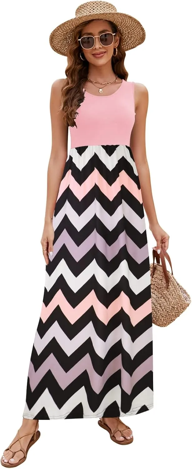 Sherosa Women Boho Chevron Striped Floral Printed Summer Sleeveless Tank Long Maxi Party Dress