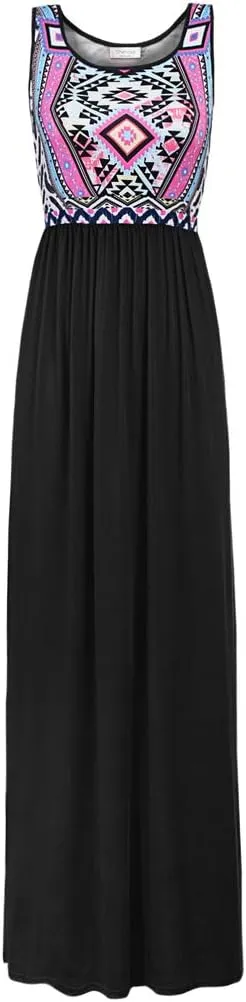 Sherosa Women Boho Chevron Striped Floral Printed Summer Sleeveless Tank Long Maxi Party Dress