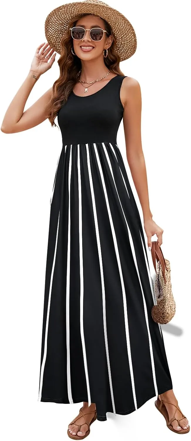Sherosa Women Boho Chevron Striped Floral Printed Summer Sleeveless Tank Long Maxi Party Dress