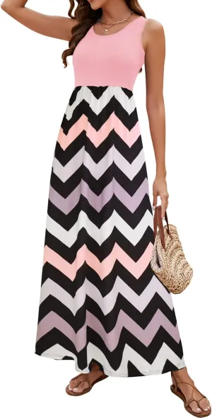 Sherosa Women Boho Chevron Striped Floral Printed Summer Sleeveless Tank Long Maxi Party Dress