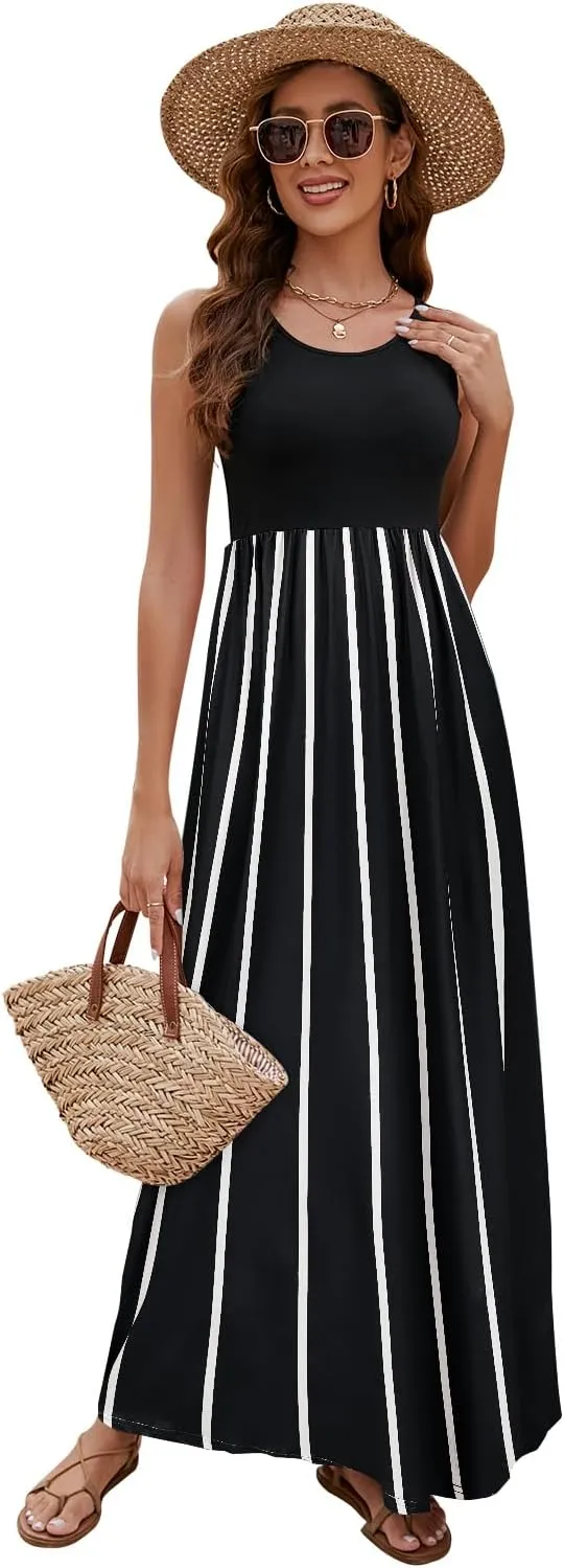 Sherosa Women Boho Chevron Striped Floral Printed Summer Sleeveless Tank Long Maxi Party Dress