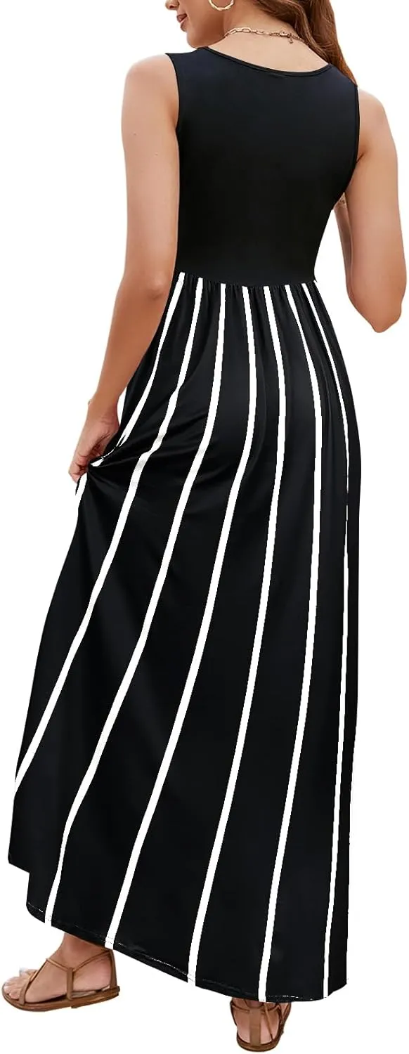 Sherosa Women Boho Chevron Striped Floral Printed Summer Sleeveless Tank Long Maxi Party Dress