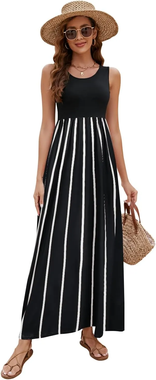 Sherosa Women Boho Chevron Striped Floral Printed Summer Sleeveless Tank Long Maxi Party Dress