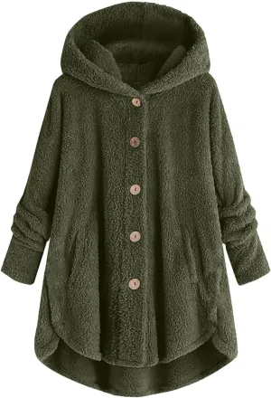 Sherpa Fleece Jacket For Women Cute Casual Loose Plus Size Hooded Button Down Cardigan Coat Warm Teddy Pajama Tops