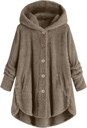 Sherpa Fleece Jacket For Women Cute Casual Loose Plus Size Hooded Button Down Cardigan Coat Warm Teddy Pajama Tops