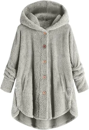 Sherpa Fleece Jacket For Women Cute Casual Loose Plus Size Hooded Button Down Cardigan Coat Warm Teddy Pajama Tops