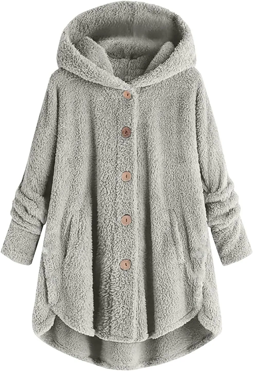 Sherpa Fleece Jacket For Women Cute Casual Loose Plus Size Hooded Button Down Cardigan Coat Warm Teddy Pajama Tops