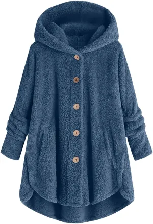 Sherpa Fleece Jacket For Women Cute Casual Loose Plus Size Hooded Button Down Cardigan Coat Warm Teddy Pajama Tops