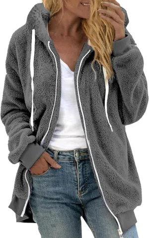 Sherpa Fleece Jacket Women Cute Plus Size Zip Up Hooded Fuzzy Teddy Coat Casual Warm Winter Shearling Coats 2024