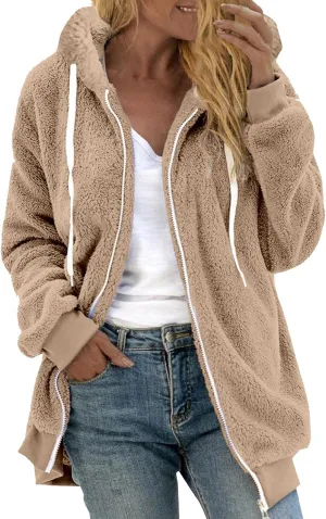 Sherpa Fleece Jacket Women Cute Plus Size Zip Up Hooded Fuzzy Teddy Coat Casual Warm Winter Shearling Coats 2024