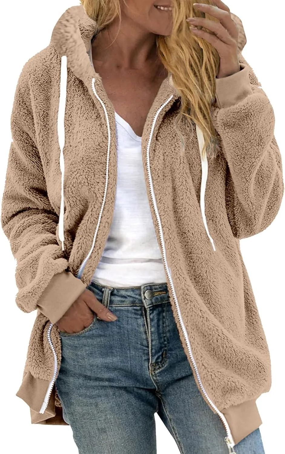 Sherpa Fleece Jacket Women Cute Plus Size Zip Up Hooded Fuzzy Teddy Coat Casual Warm Winter Shearling Coats 2024