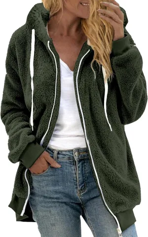 Sherpa Fleece Jacket Women Cute Plus Size Zip Up Hooded Fuzzy Teddy Coat Casual Warm Winter Shearling Coats 2024