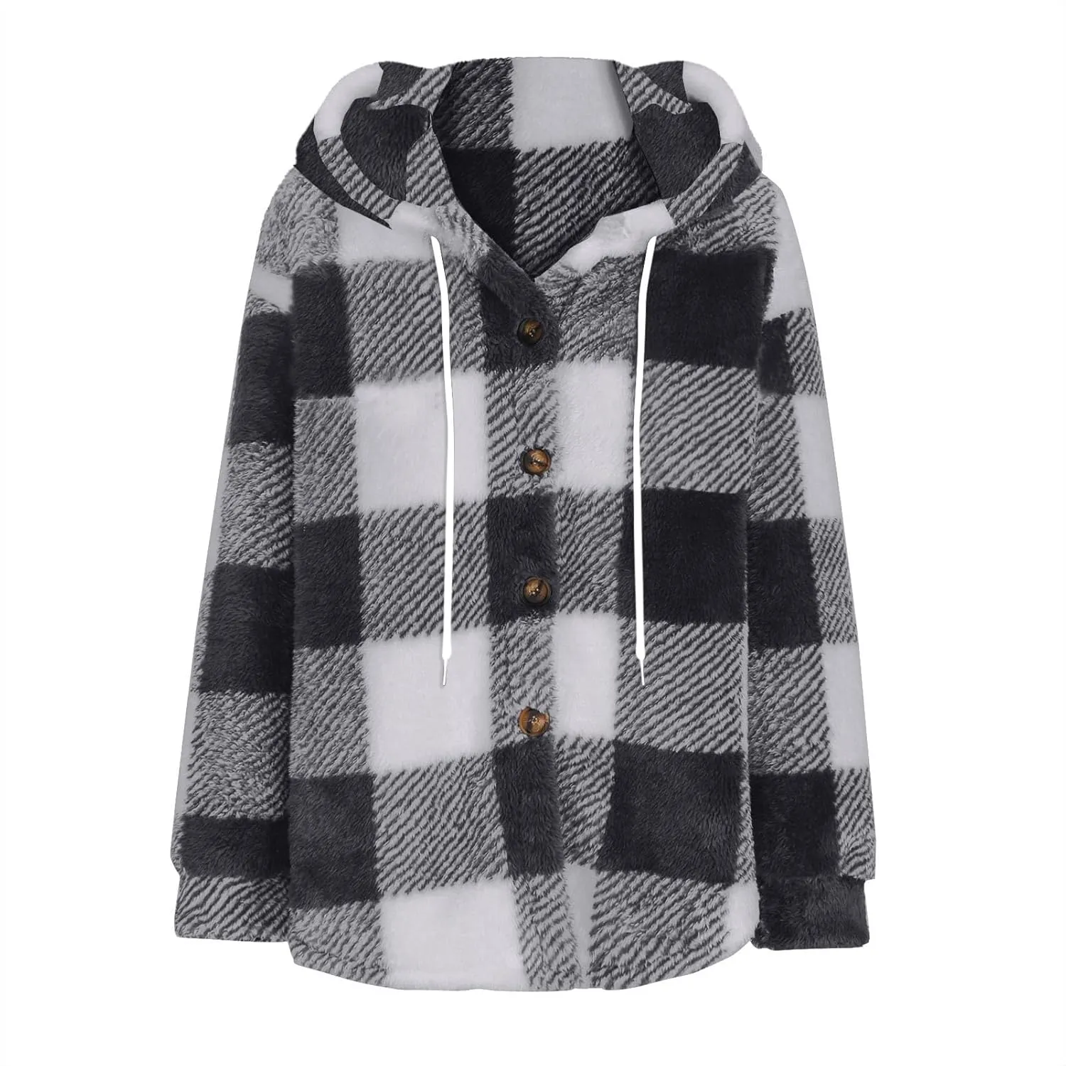 Sherpa Hoodie Jacket For Women 2024 Fashion Plaid Button Down Hooded Fleece Jackets Loose Plus Size Shearling Coat