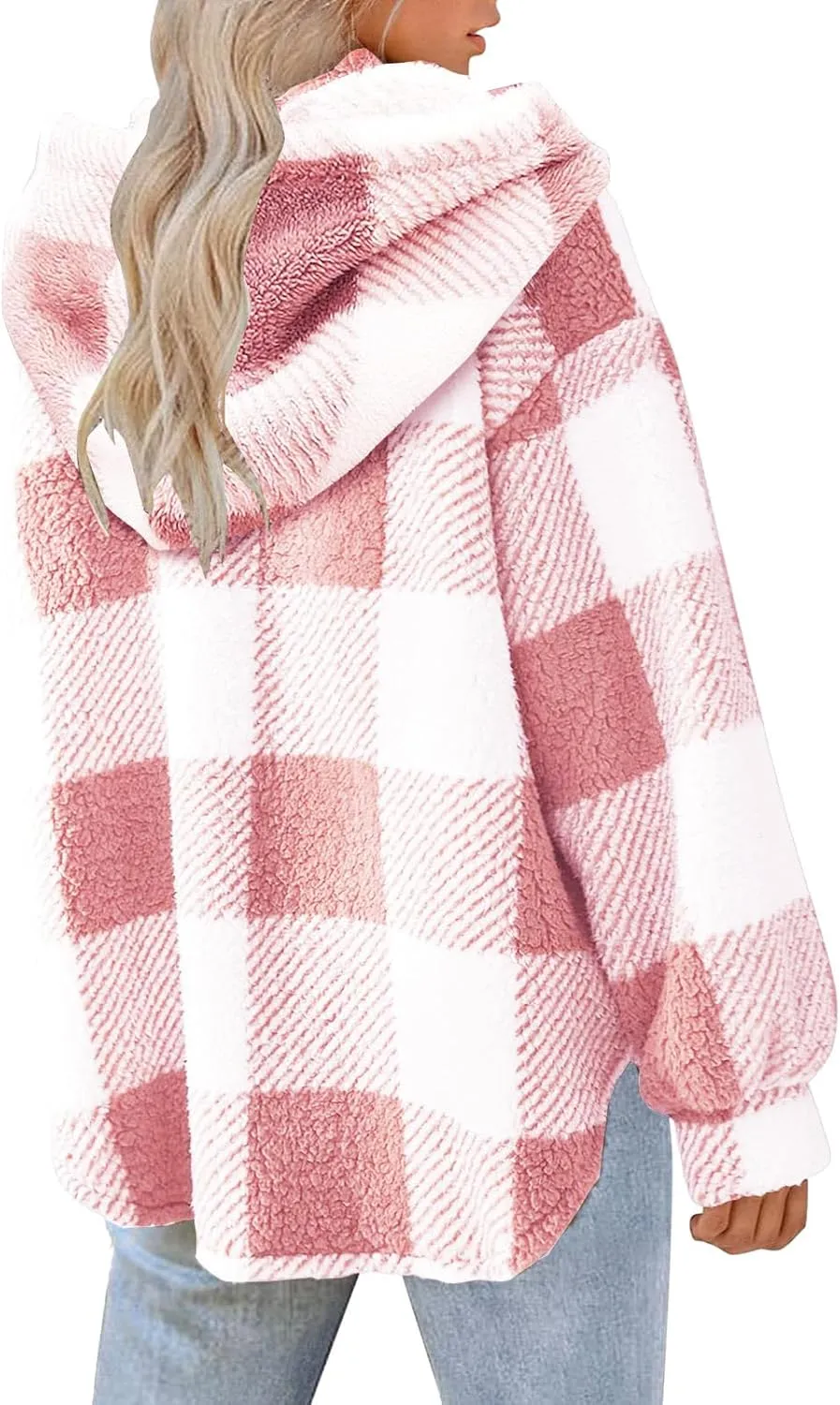 Sherpa Hoodie Jacket For Women 2024 Fashion Plaid Button Down Hooded Fleece Jackets Loose Plus Size Shearling Coat