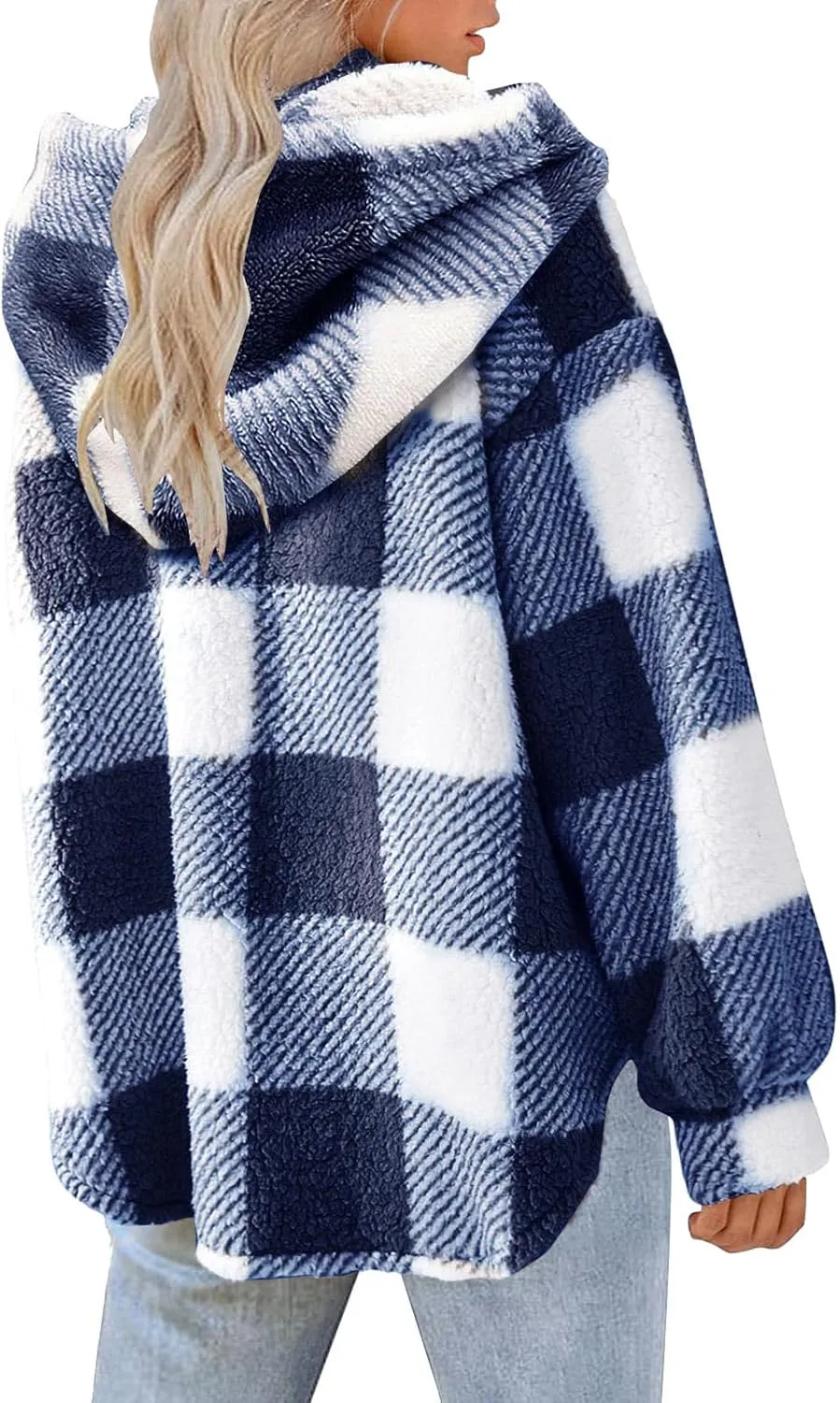 Sherpa Hoodie Jacket For Women 2024 Fashion Plaid Button Down Hooded Fleece Jackets Loose Plus Size Shearling Coat