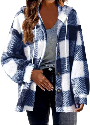 Sherpa Hoodie Jacket For Women 2024 Fashion Plaid Button Down Hooded Fleece Jackets Loose Plus Size Shearling Coat