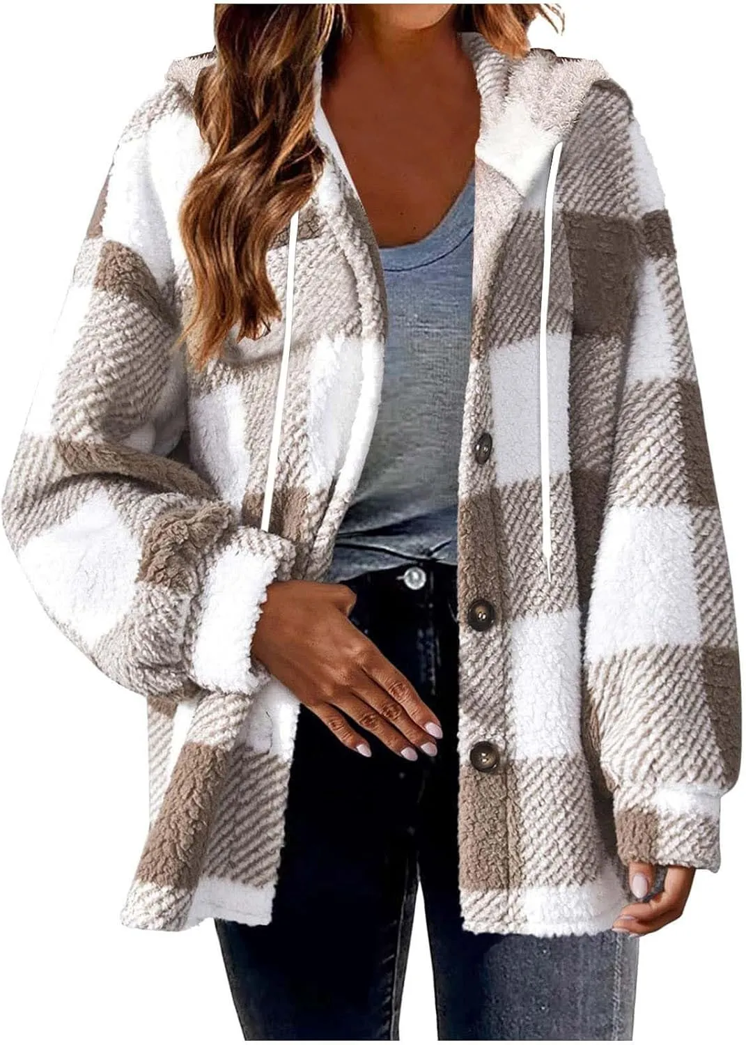 Sherpa Hoodie Jacket For Women 2024 Fashion Plaid Button Down Hooded Fleece Jackets Loose Plus Size Shearling Coat