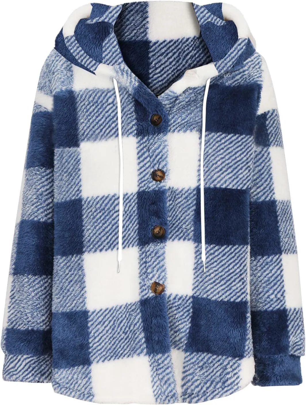 Sherpa Hoodie Jacket For Women 2024 Fashion Plaid Button Down Hooded Fleece Jackets Loose Plus Size Shearling Coat