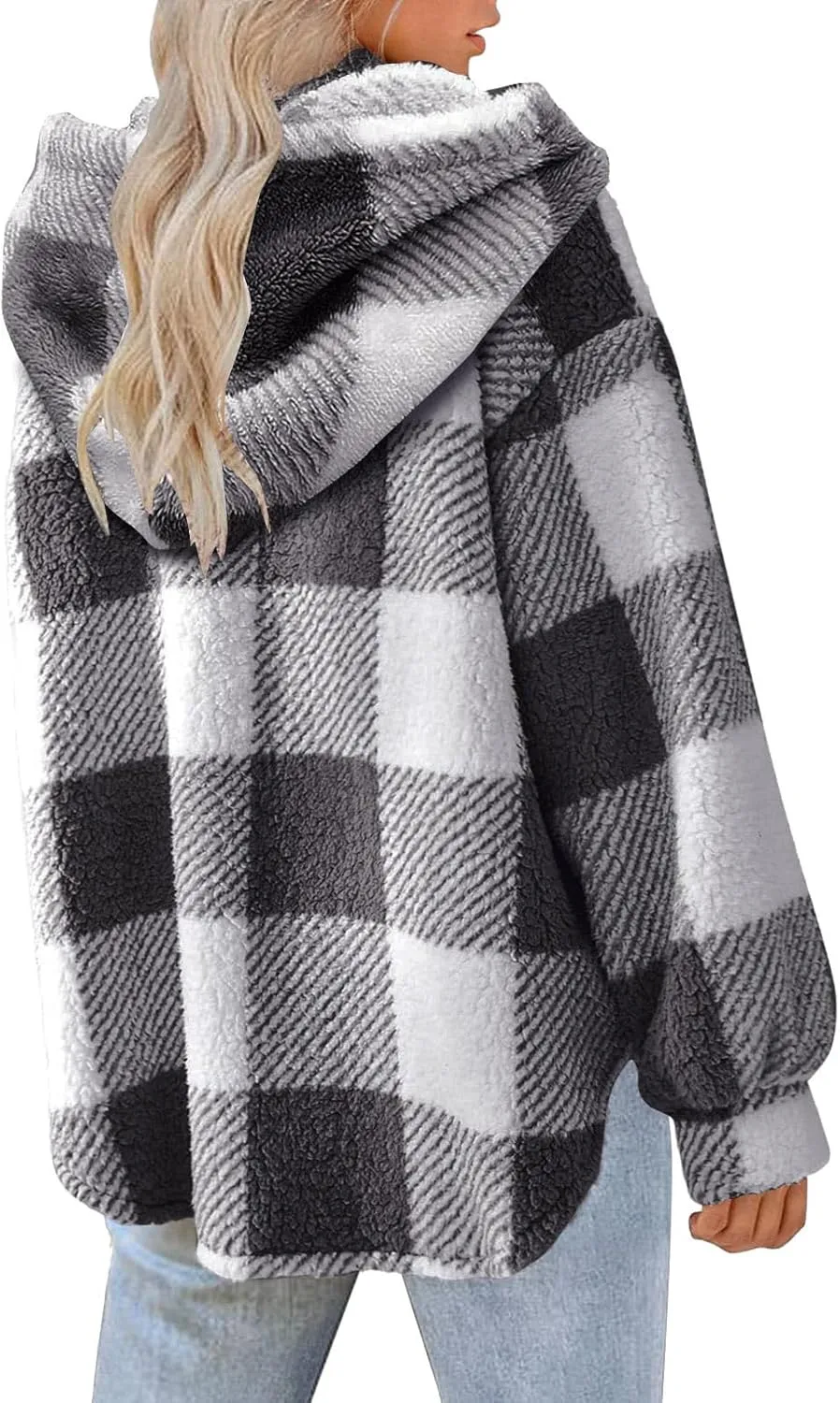 Sherpa Hoodie Jacket For Women 2024 Fashion Plaid Button Down Hooded Fleece Jackets Loose Plus Size Shearling Coat