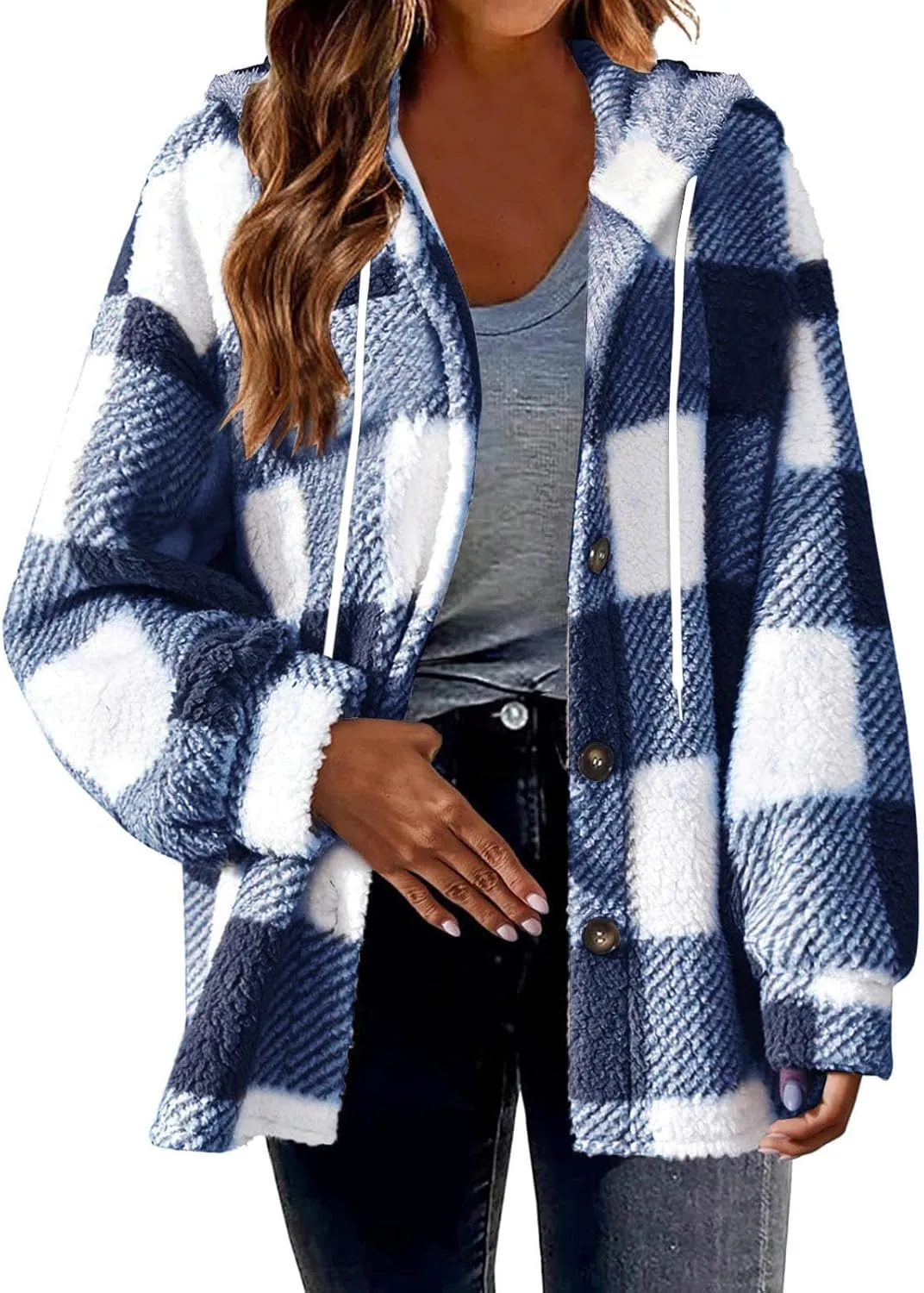Sherpa Hoodie Jacket For Women 2024 Fashion Plaid Button Down Hooded Fleece Jackets Loose Plus Size Shearling Coat