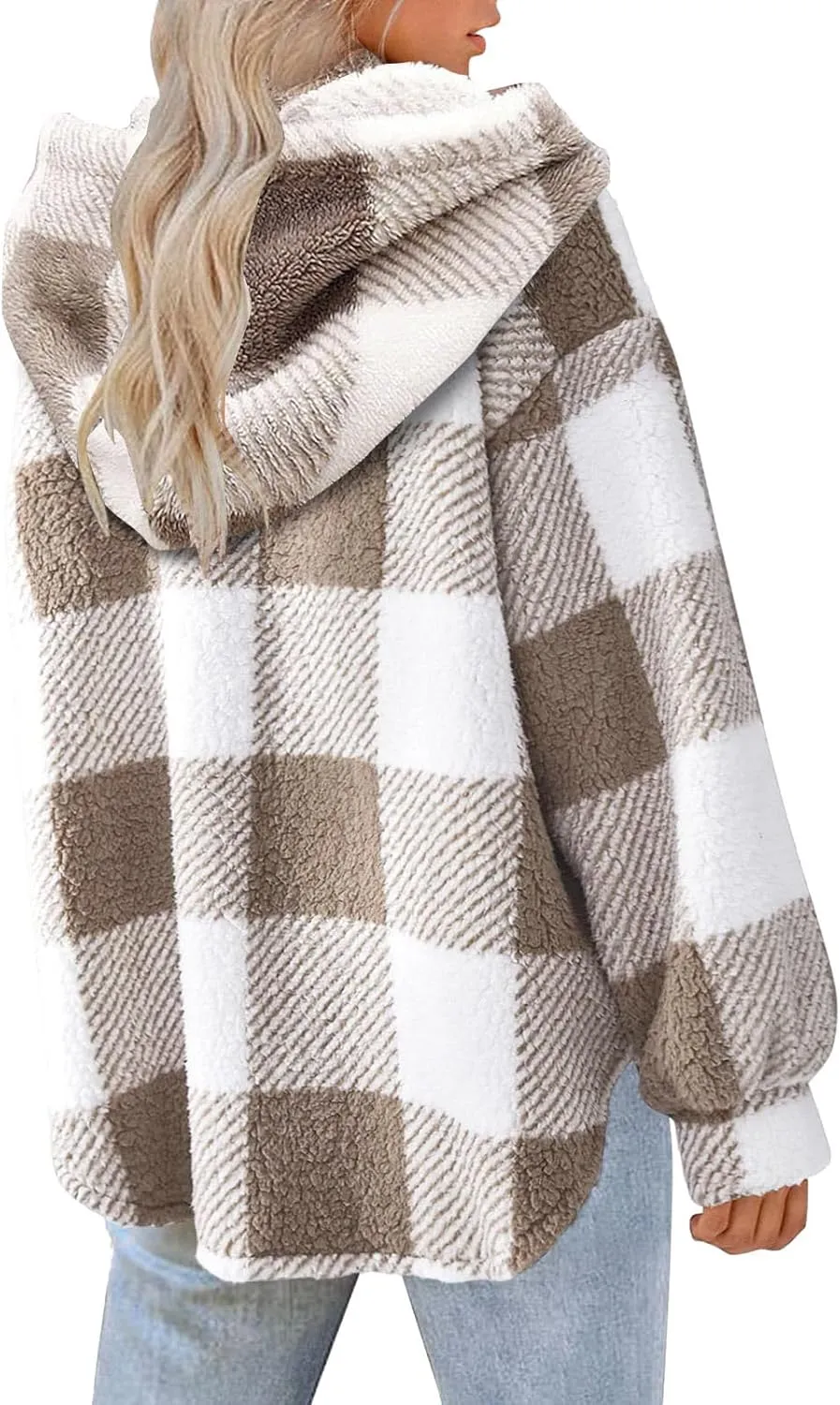 Sherpa Hoodie Jacket For Women 2024 Fashion Plaid Button Down Hooded Fleece Jackets Loose Plus Size Shearling Coat