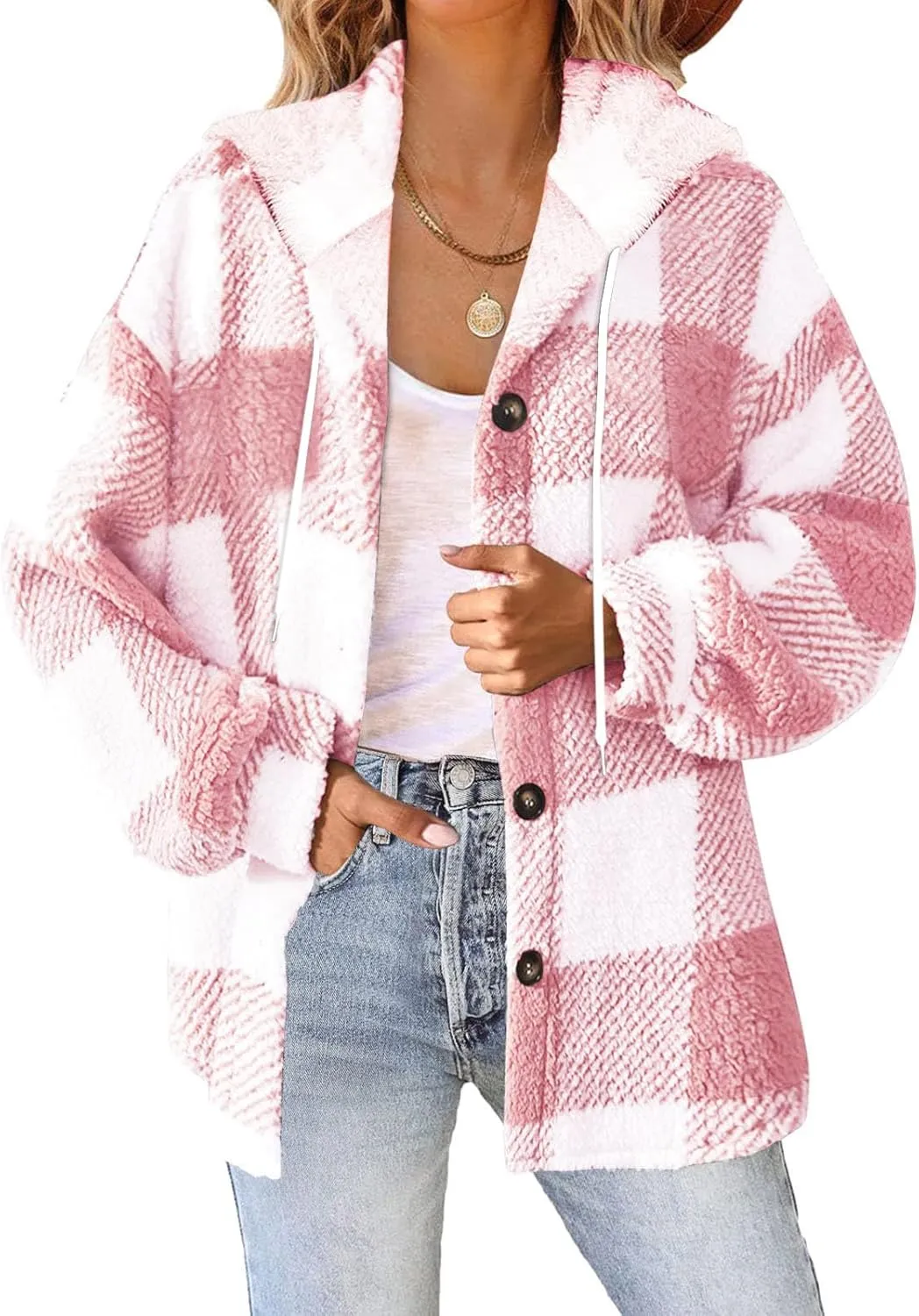 Sherpa Hoodie Jacket For Women 2024 Fashion Plaid Button Down Hooded Fleece Jackets Loose Plus Size Shearling Coat