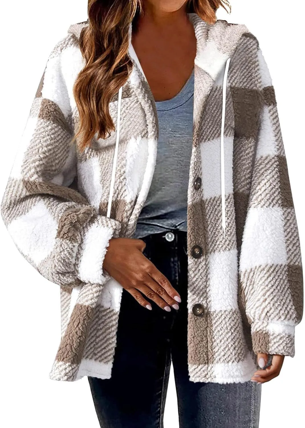 Sherpa Hoodie Jacket For Women 2024 Fashion Plaid Button Down Hooded Fleece Jackets Loose Plus Size Shearling Coat