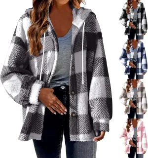 Sherpa Hoodie Jacket For Women 2024 Fashion Plaid Button Down Hooded Fleece Jackets Loose Plus Size Shearling Coat
