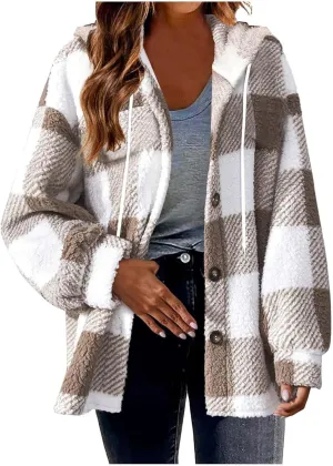 Sherpa Hoodie Jacket For Women 2024 Fashion Plaid Button Down Hooded Fleece Jackets Loose Plus Size Shearling Coat