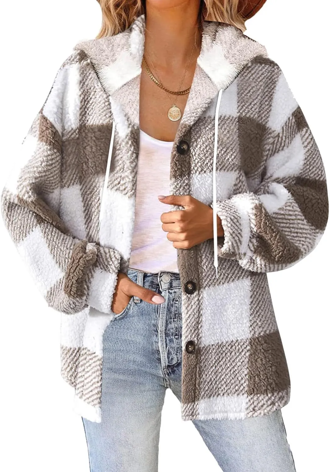 Sherpa Hoodie Jacket For Women 2024 Fashion Plaid Button Down Hooded Fleece Jackets Loose Plus Size Shearling Coat