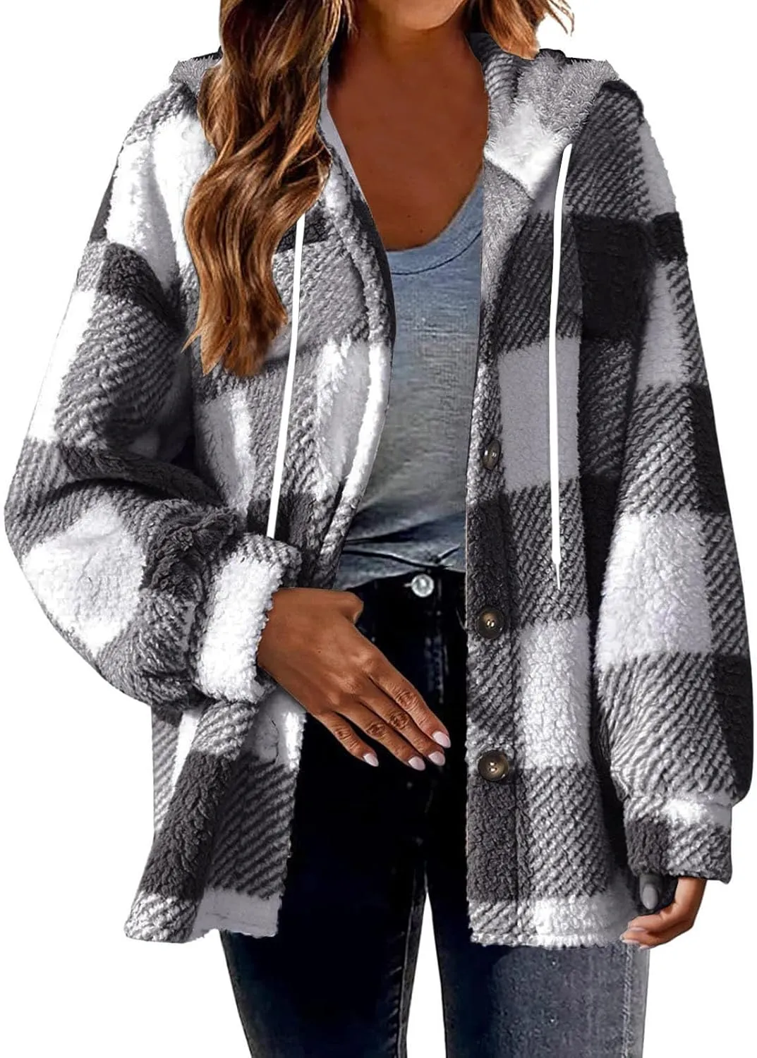 Sherpa Hoodie Jacket For Women 2024 Fashion Plaid Button Down Hooded Fleece Jackets Loose Plus Size Shearling Coat