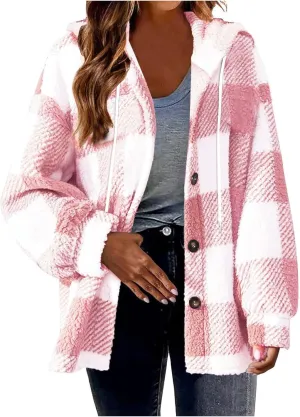 Sherpa Hoodie Jacket For Women 2024 Fashion Plaid Button Down Hooded Fleece Jackets Loose Plus Size Shearling Coat