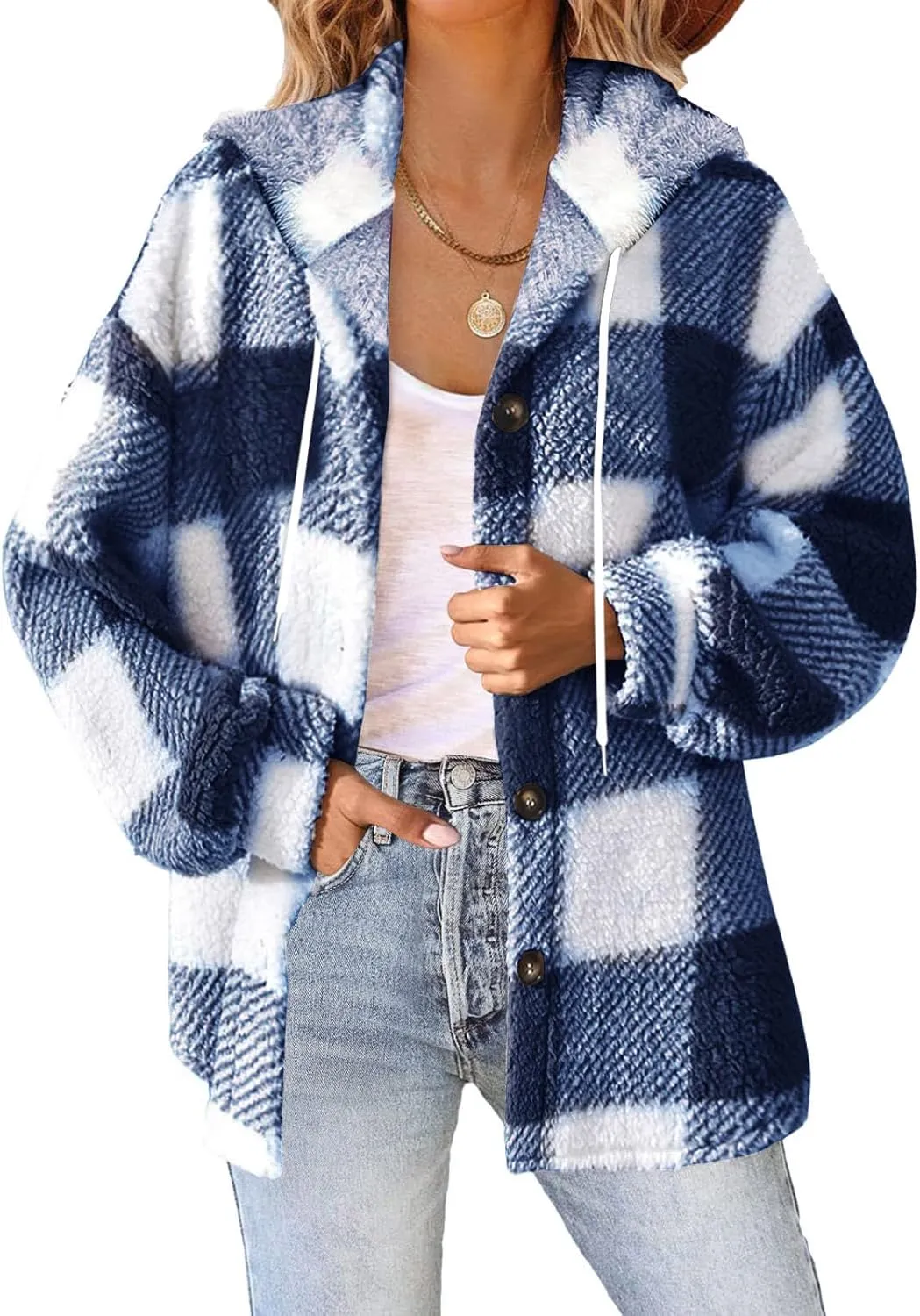 Sherpa Hoodie Jacket For Women 2024 Fashion Plaid Button Down Hooded Fleece Jackets Loose Plus Size Shearling Coat
