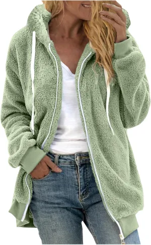 Sherpa Jacket Women 2024 Plus Size Zip Up Hooded Fuzzy Fleece Fluffy Coat Cozy Warm Winter Casual Shearling Coats