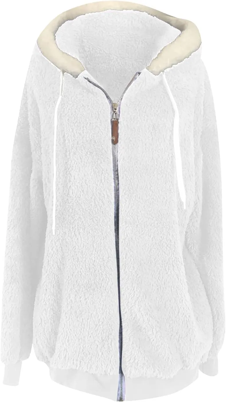 Sherpa Jackets For Women Fuzzy Fleece Teddy Coat Color Block Faux Shearling Cardigan Warm Hooded Zip Up Outwear