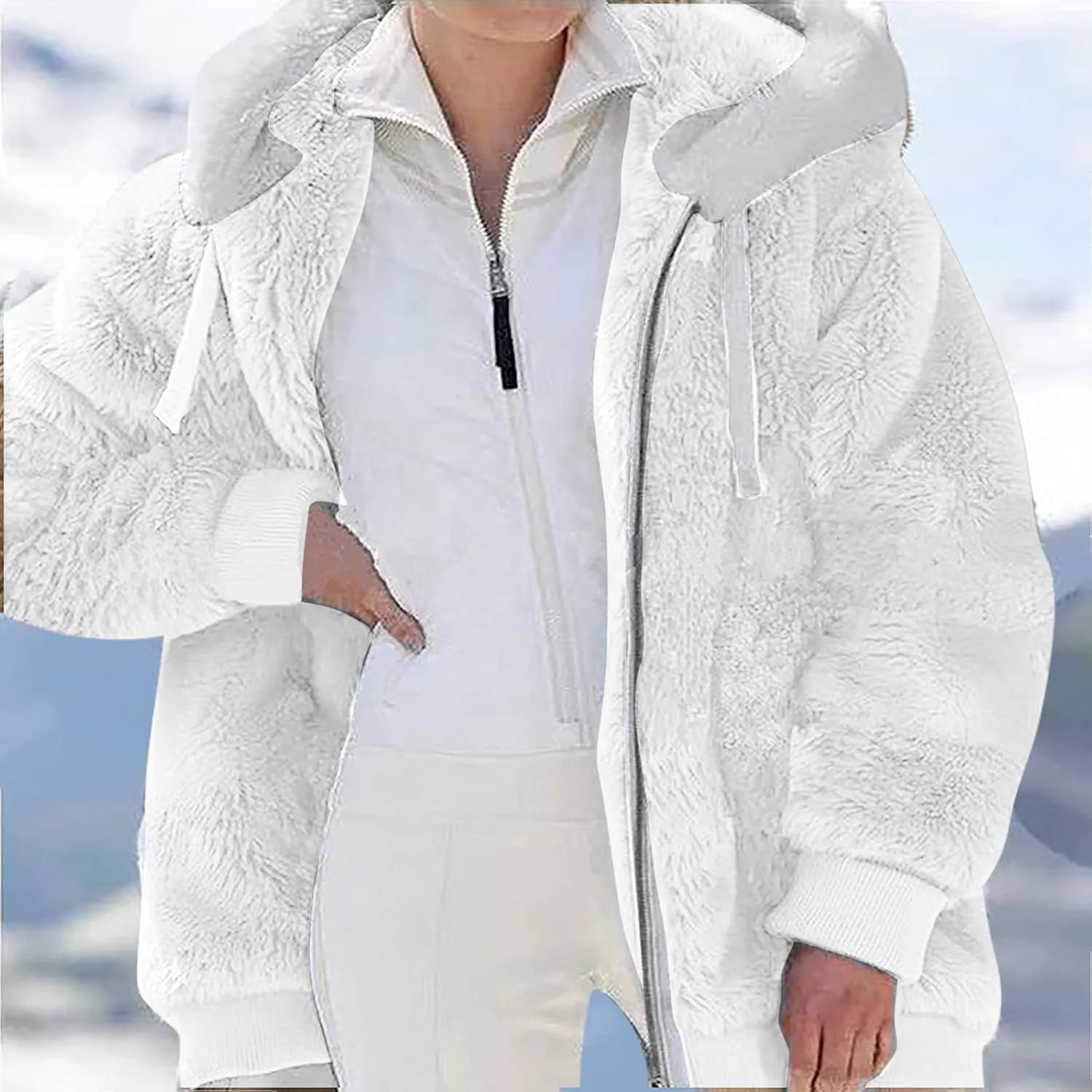 Sherpa Jackets For Women Fuzzy Fleece Teddy Coat Color Block Faux Shearling Cardigan Warm Hooded Zip Up Outwear
