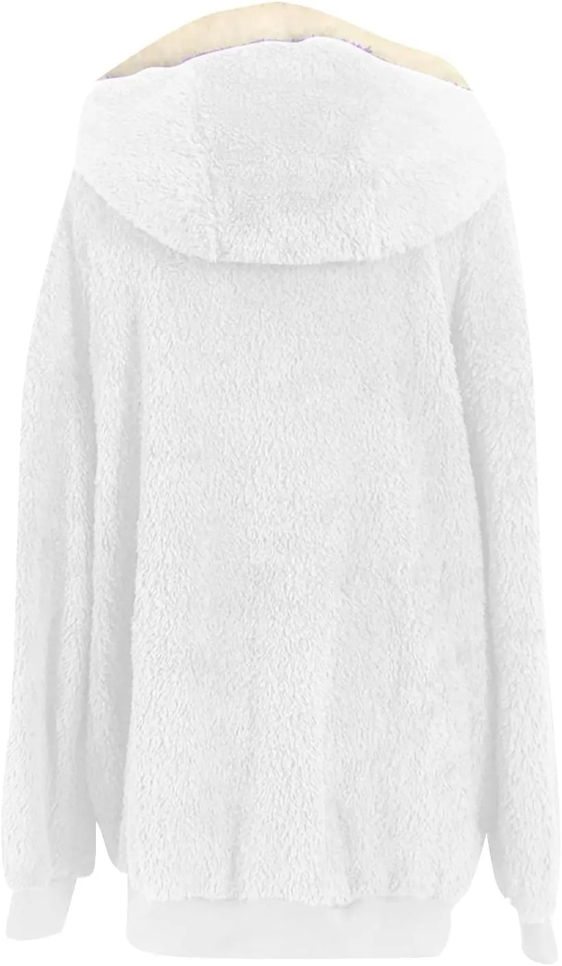Sherpa Jackets For Women Fuzzy Fleece Teddy Coat Color Block Faux Shearling Cardigan Warm Hooded Zip Up Outwear
