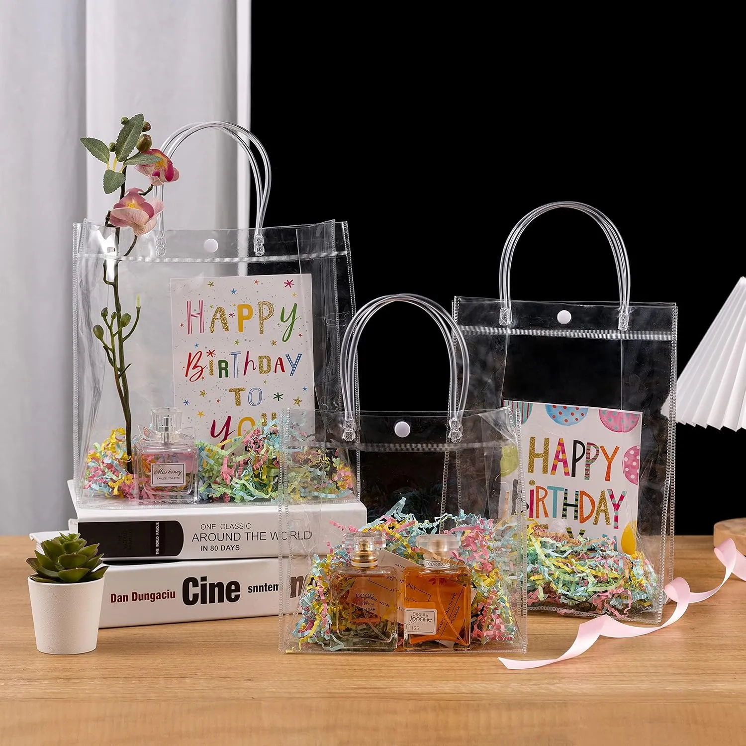SHIPKEY 10 Pack 10”x3.5”x10” Clear Gift Bags, Portable Gift Bag with Handles, Waterproof Cosmetic Bags, Clear Makeup Shopping Bag for Birthdays (25x9x25cm)