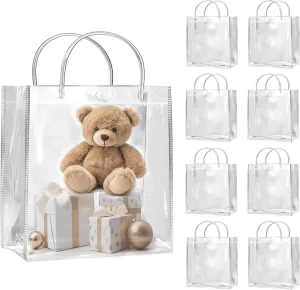 SHIPKEY 10 Pack 10”x3.5”x10” Clear Gift Bags, Portable Gift Bag with Handles, Waterproof Cosmetic Bags, Clear Makeup Shopping Bag for Birthdays (25x9x25cm)