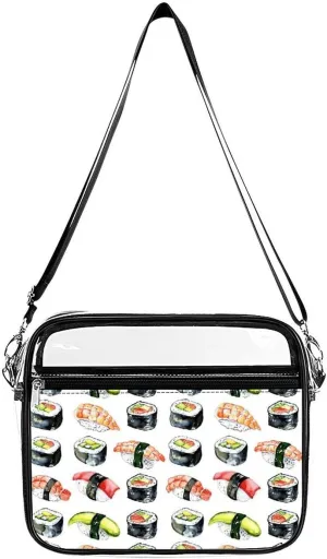 Shrimp Tuna Cucumber Sushi Platter Large Clear Stadium Bag Clear Mini Messenger Bags with 2 Compartments Crossbody Bag