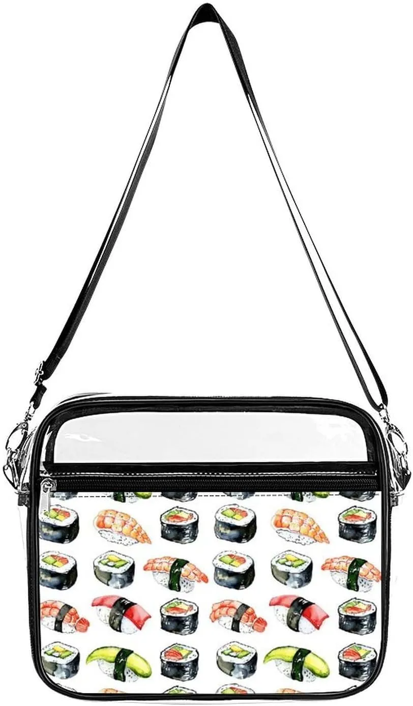 Shrimp Tuna Cucumber Sushi Platter Large Clear Stadium Bag Clear Mini Messenger Bags with 2 Compartments Crossbody Bag