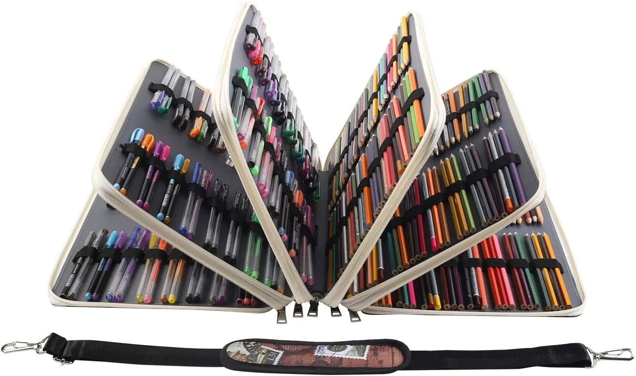 Shulaner Pencil Case Slot Holds 500 Colored Pencils or 340 Color Gel Pens with Zipper Closure Large Capacity Retro Style Element Pattern Pen Organizer Bag with Shoulder Strap (Brown)