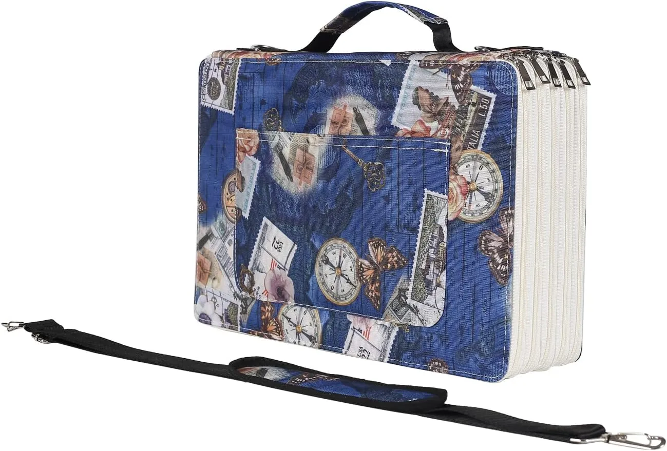 Shulaner Pencil Case Slot Holds 500 Colored Pencils or 340 Color Gel Pens with Zipper Closure Large Capacity Retro Style Element Pattern Pen Organizer Bag with Shoulder Strap (Dark Blue)